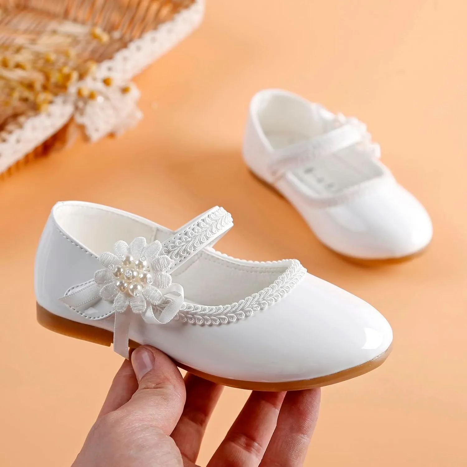Toddler Girls Dress Shoes Mary Jane Ballet Flats Flower Girl School Party Wedding Shoes with Flower