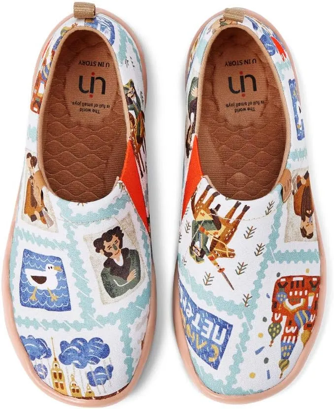 UIN Women's Lightweight Slip Ons Loafers Comfort Walking Canvas Flats Casual Art Painted Travel Shoes Classic Stamp (8.5)