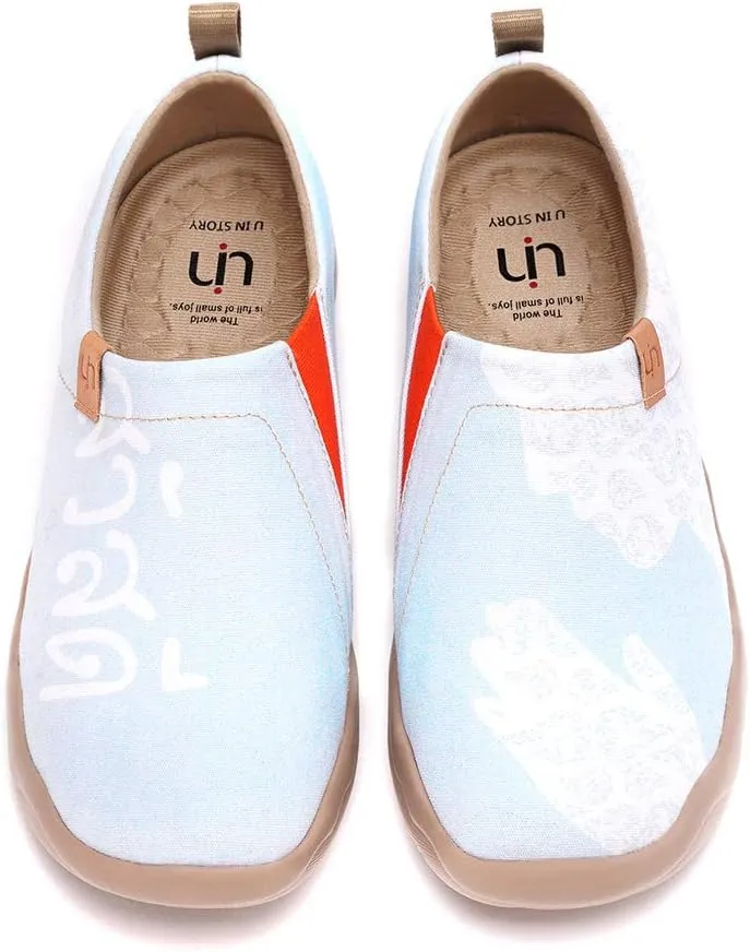 UIN Women's Lightweight Slip Ons Sneakers Walking Flats Casual Thai Style Art Painted Travel Shoes Thai Smile-Blue (37)