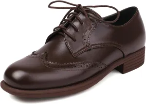 Uniquelly Women's Oxfords Wingtip Lace up Round Toe Brogues Shoes Comfort Low Heel Vintage Oxford Shoes