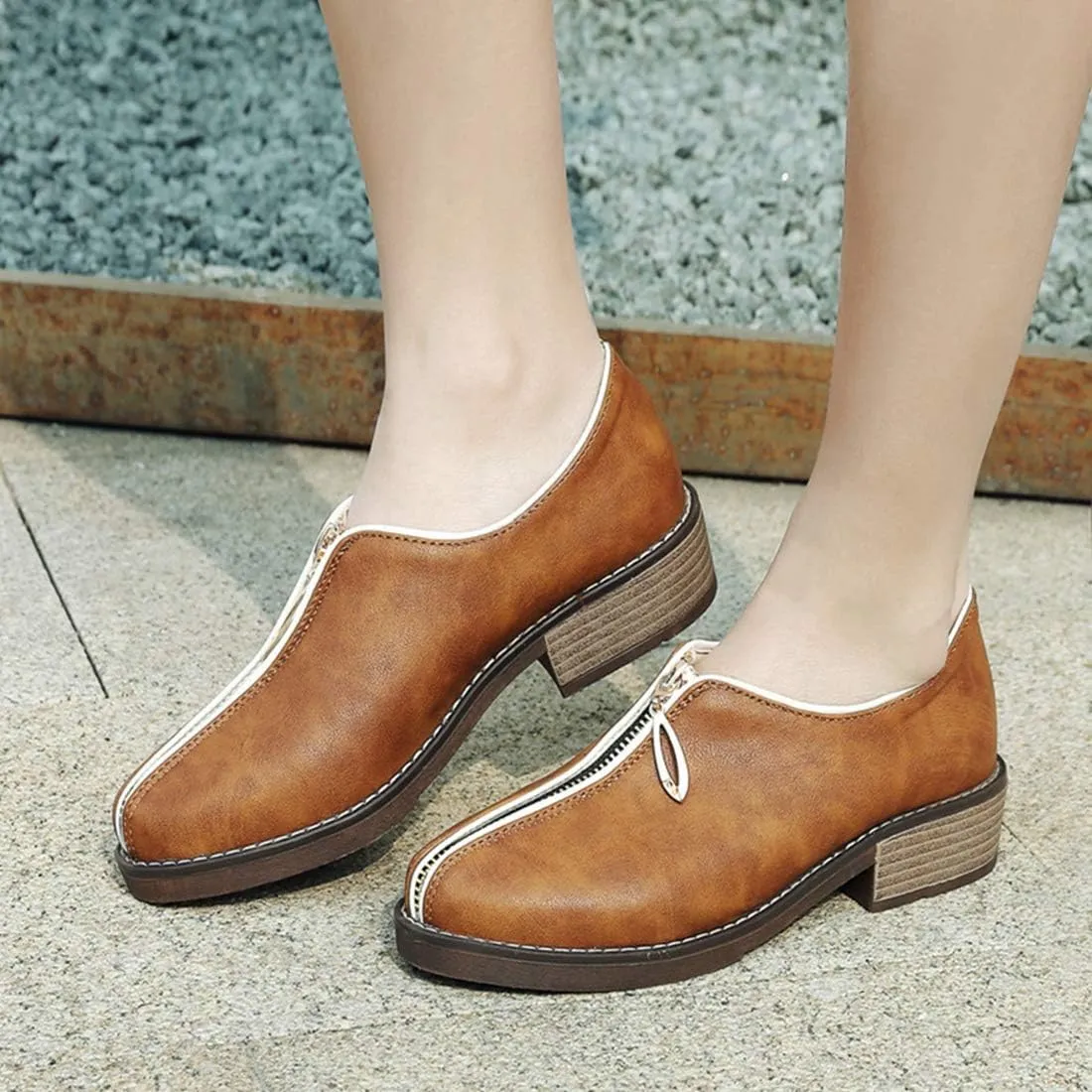 VOKLIN Women's Classic Oxford Shoes Round Toe Zipper Comfort Low Heels Western School Oxfords Pump Brogues