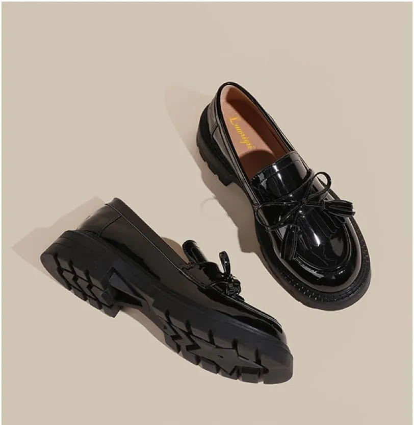 Women Black Patent Leather Pumps Tassels Bow Slip On Chunky Loafers Ladies Girls Office Casual Shoes