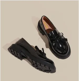 Women Black Patent Leather Pumps Tassels Bow Slip On Chunky Loafers Ladies Girls Office Casual Shoes