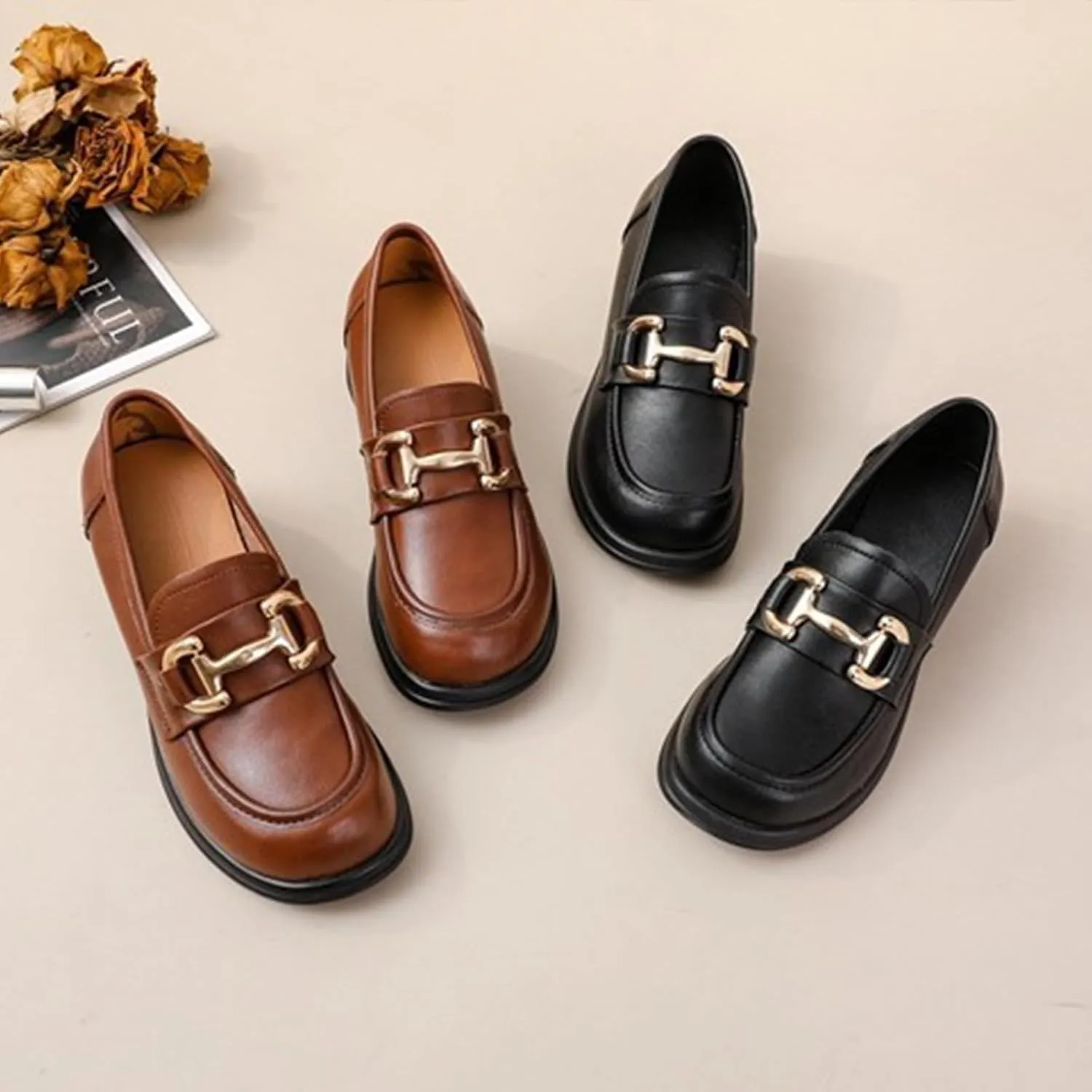 Women's Chunky Platform Loafers,Comfort Slip-On Soft Lug Sole Metal Buckle Penny Office Work Dress Leather Shoes