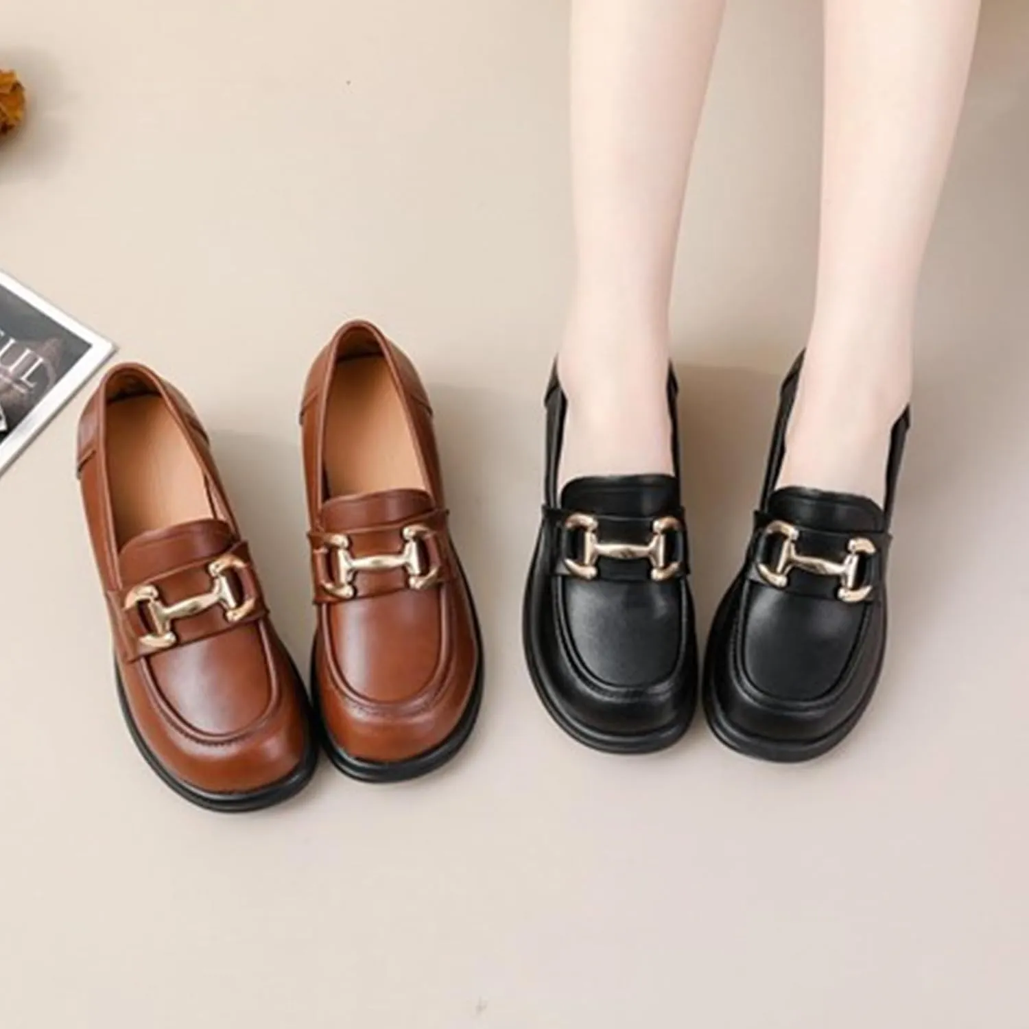 Women's Chunky Platform Loafers,Comfort Slip-On Soft Lug Sole Metal Buckle Penny Office Work Dress Leather Shoes