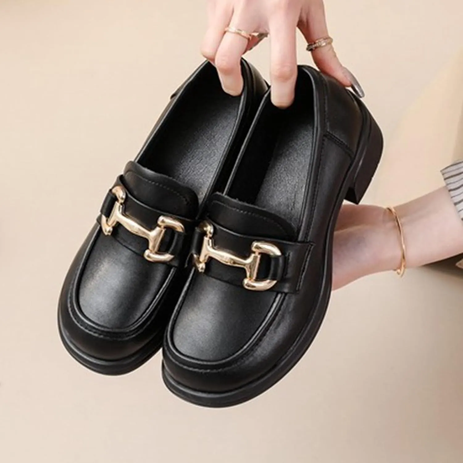 Women's Chunky Platform Loafers,Comfort Slip-On Soft Lug Sole Metal Buckle Penny Office Work Dress Leather Shoes
