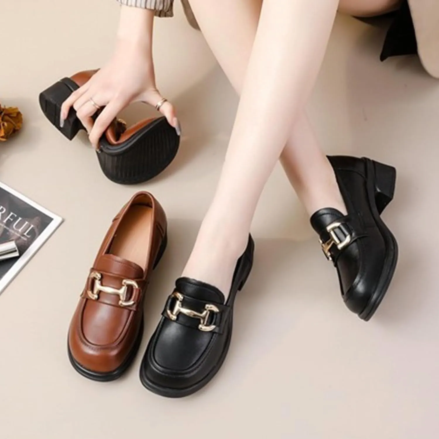Women's Chunky Platform Loafers,Comfort Slip-On Soft Lug Sole Metal Buckle Penny Office Work Dress Leather Shoes