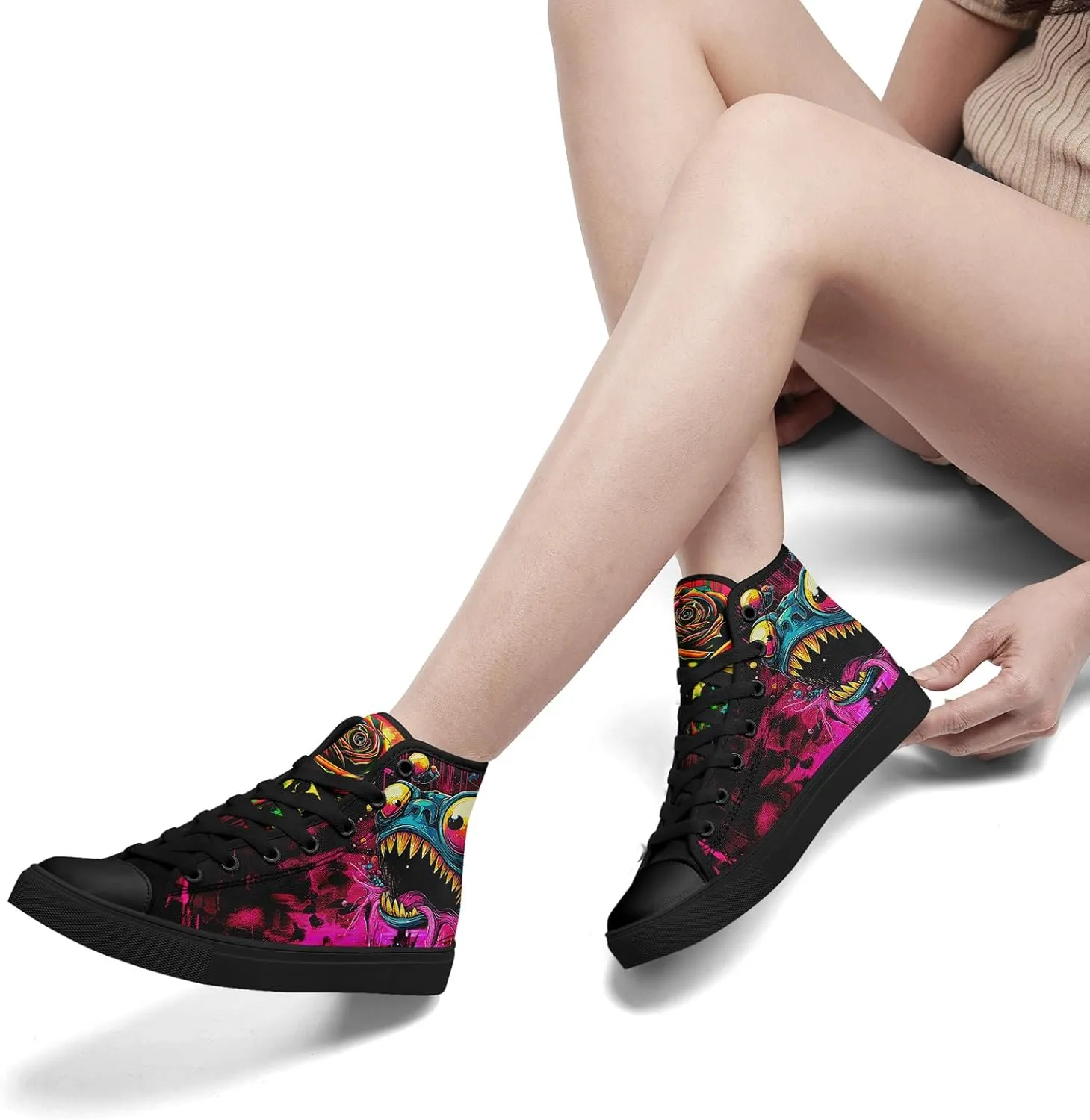 Womens Gothic High-Top Canvas Sneakers Punk Style Alternative Streetwear Canvas Shoes, Lace-Up Casual Skate Shoes for Men