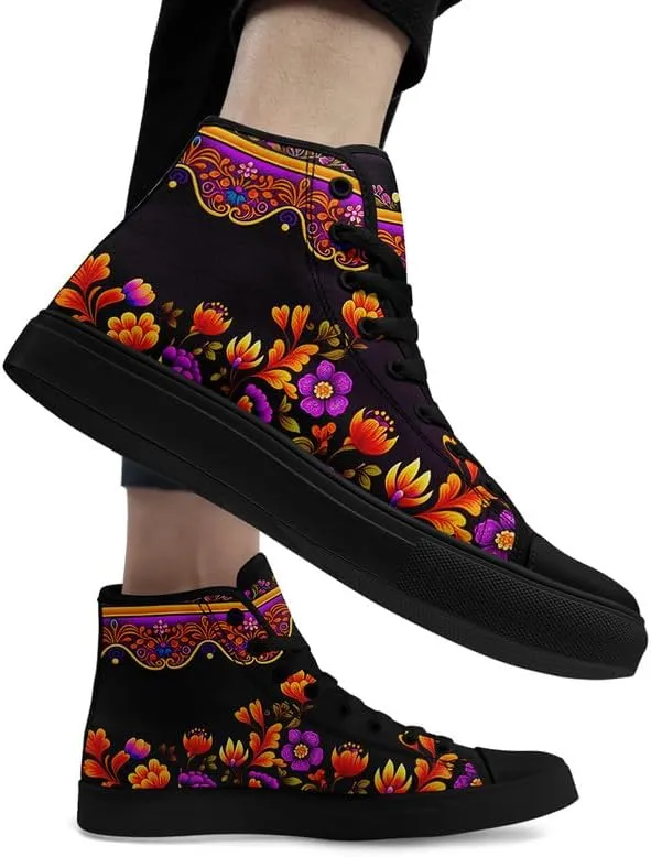 Womens Graffiti Black High Top Fashion Sneakers Canvas Shoes Classic Lace Up Walking Tennis Casual Skateboarding Sports Shoes