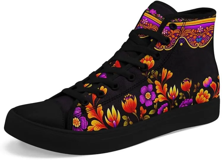Womens Graffiti Black High Top Fashion Sneakers Canvas Shoes Classic Lace Up Walking Tennis Casual Skateboarding Sports Shoes