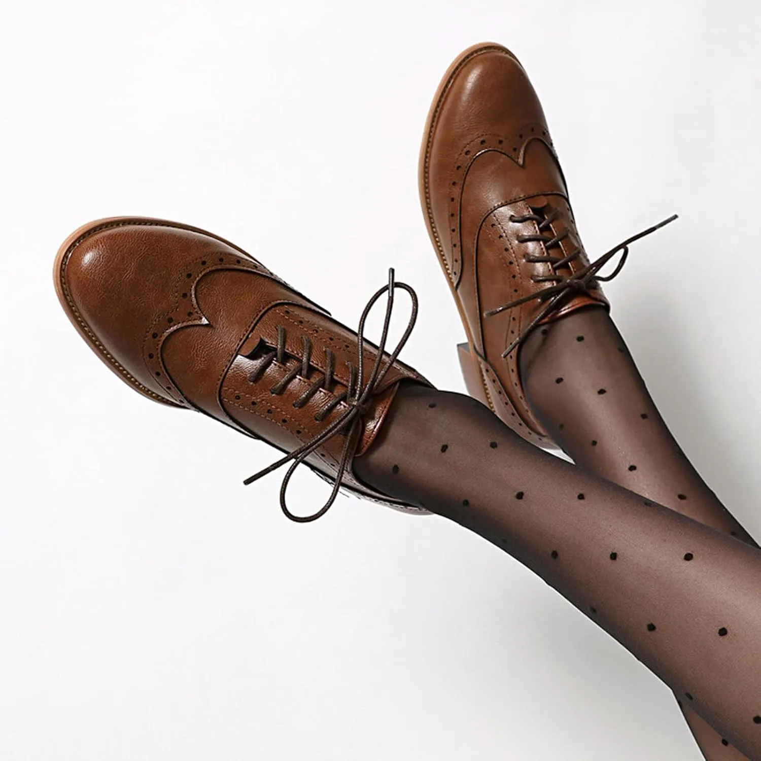 Women's Leather Comfortable Chunky Stacked Heel Brogue Oxford Shoes Classic Pointed Toe Breathable Perforated Lace up Low Heel Business Casual Dress Oxfords for Wedding Party Work