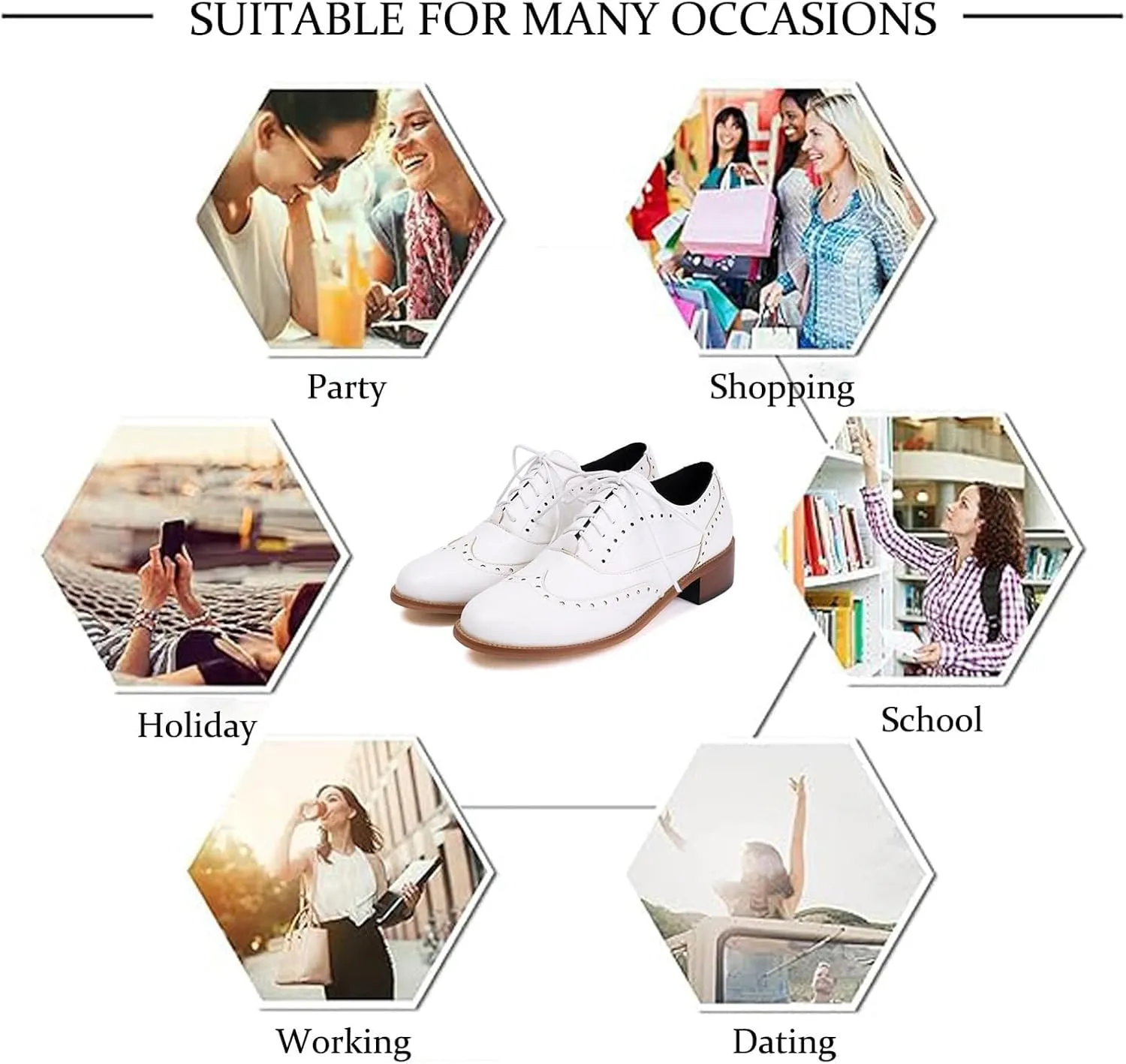 Women's Leather Comfortable Chunky Stacked Heel Brogue Oxford Shoes Classic Pointed Toe Breathable Perforated Lace up Low Heel Business Casual Dress Oxfords for Wedding Party Work