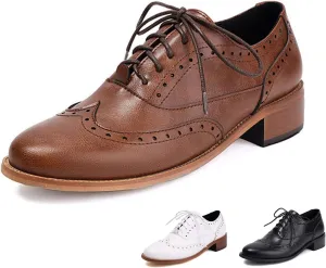 Women's Leather Comfortable Chunky Stacked Heel Brogue Oxford Shoes Classic Pointed Toe Breathable Perforated Lace up Low Heel Business Casual Dress Oxfords for Wedding Party Work