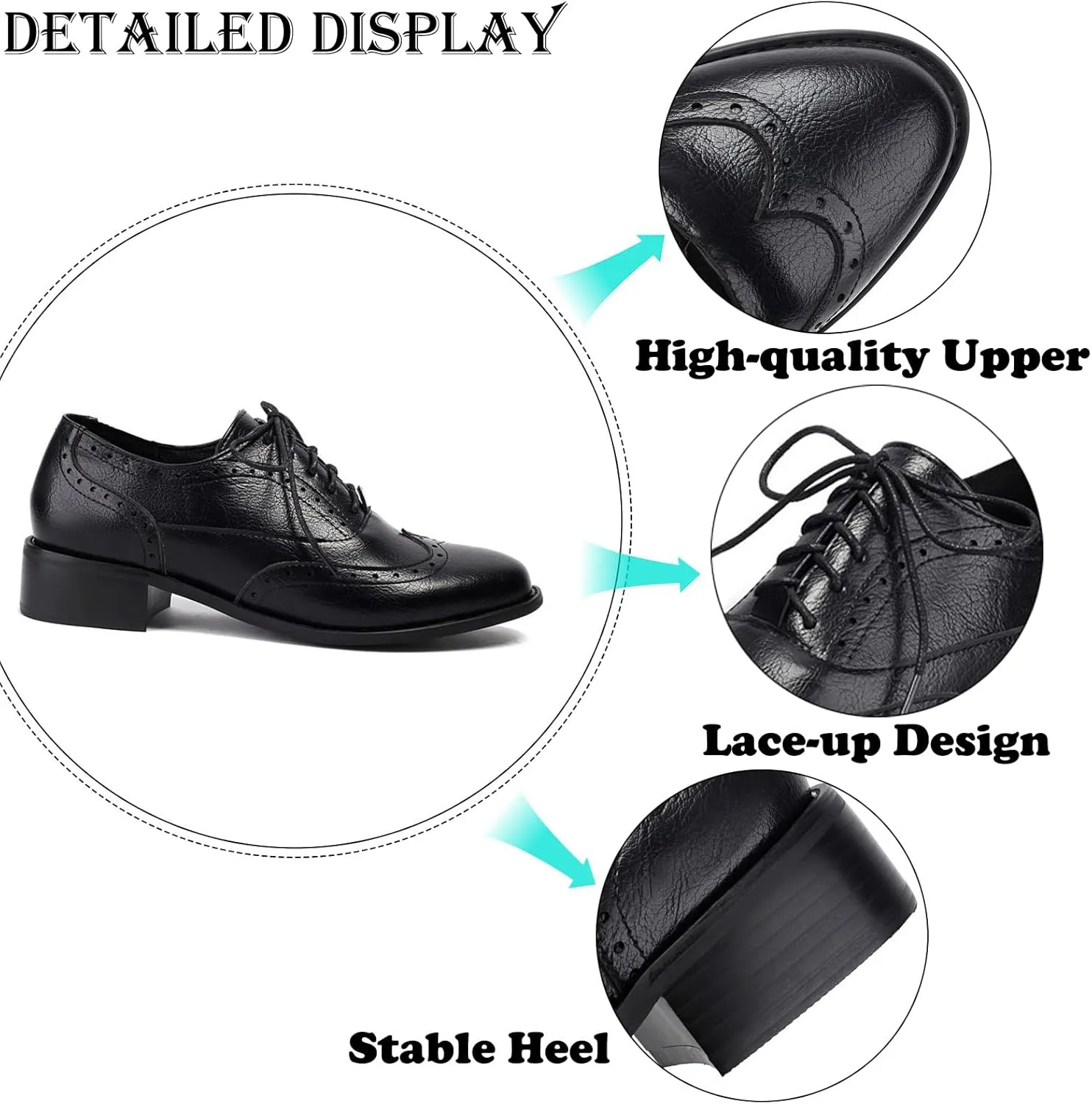 Women's Leather Comfortable Chunky Stacked Heel Brogue Oxford Shoes Classic Pointed Toe Breathable Perforated Lace up Low Heel Business Casual Dress Oxfords for Wedding Party Work