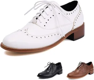 Women's Leather Comfortable Chunky Stacked Heel Brogue Oxford Shoes Classic Pointed Toe Breathable Perforated Lace up Low Heel Business Casual Dress Oxfords for Wedding Party Work