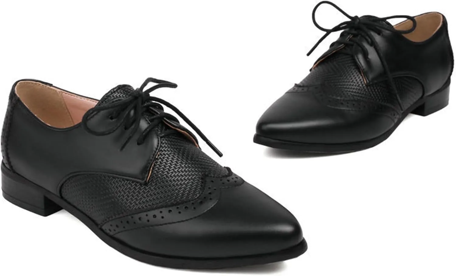 Women's Leather Comfortable Lace Up Low Heel Brogue Oxford Shoes Classic Retro Breathable Pointed Toe Low Top Business Dress Oxford Shoes for Wedding Work Date Party