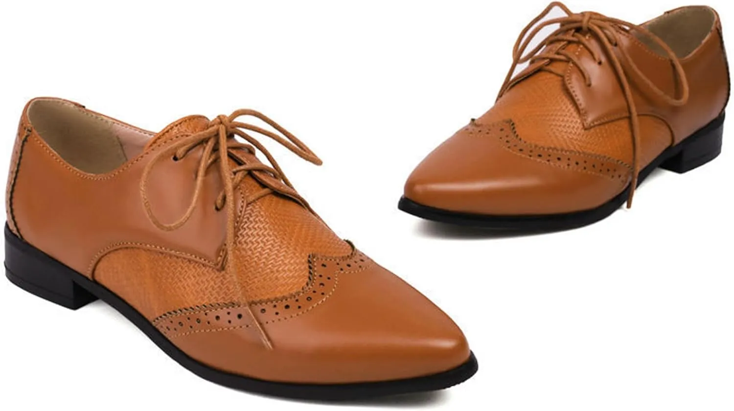 Women's Leather Comfortable Lace Up Low Heel Brogue Oxford Shoes Classic Retro Breathable Pointed Toe Low Top Business Dress Oxford Shoes for Wedding Work Date Party