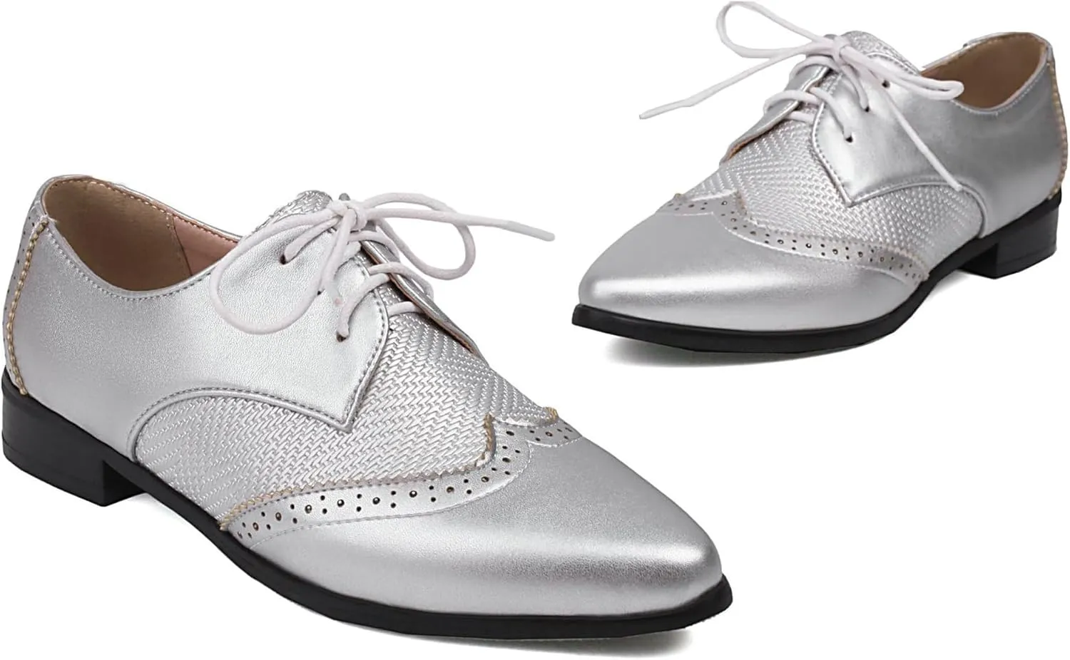 Women's Leather Comfortable Lace Up Low Heel Brogue Oxford Shoes Classic Retro Breathable Pointed Toe Low Top Business Dress Oxford Shoes for Wedding Work Date Party