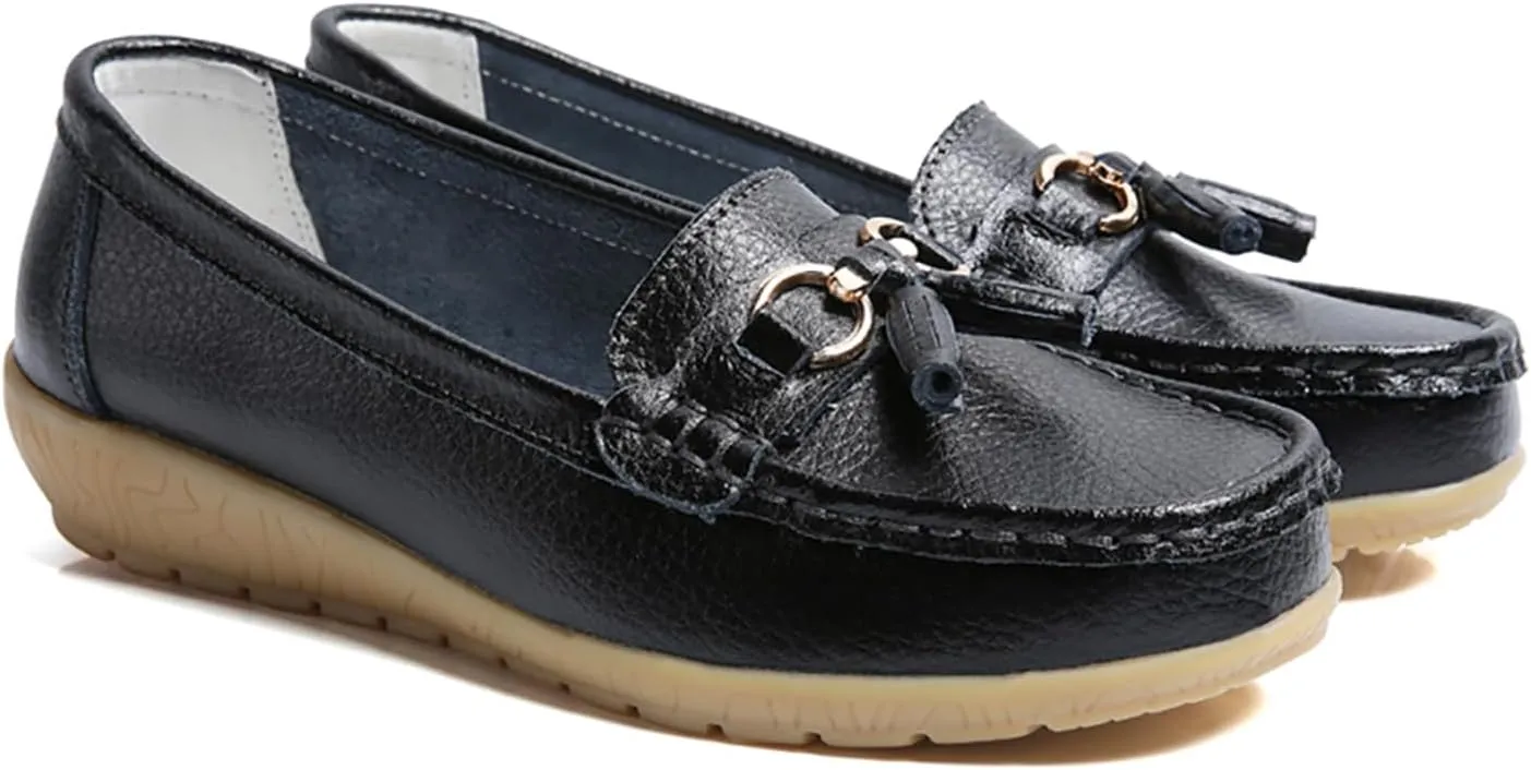 Women's Leather Slip On Tassel Loafers Soft Casual Walking Penny Flats Boat Moccasins Non-Slip Outdoor Comfortable Office Fashion Lightweight Breathable Driving Shoes for Women