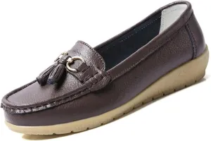Women's Leather Slip On Tassel Loafers Soft Casual Walking Penny Flats Boat Moccasins Non-Slip Outdoor Comfortable Office Fashion Lightweight Breathable Driving Shoes for Women