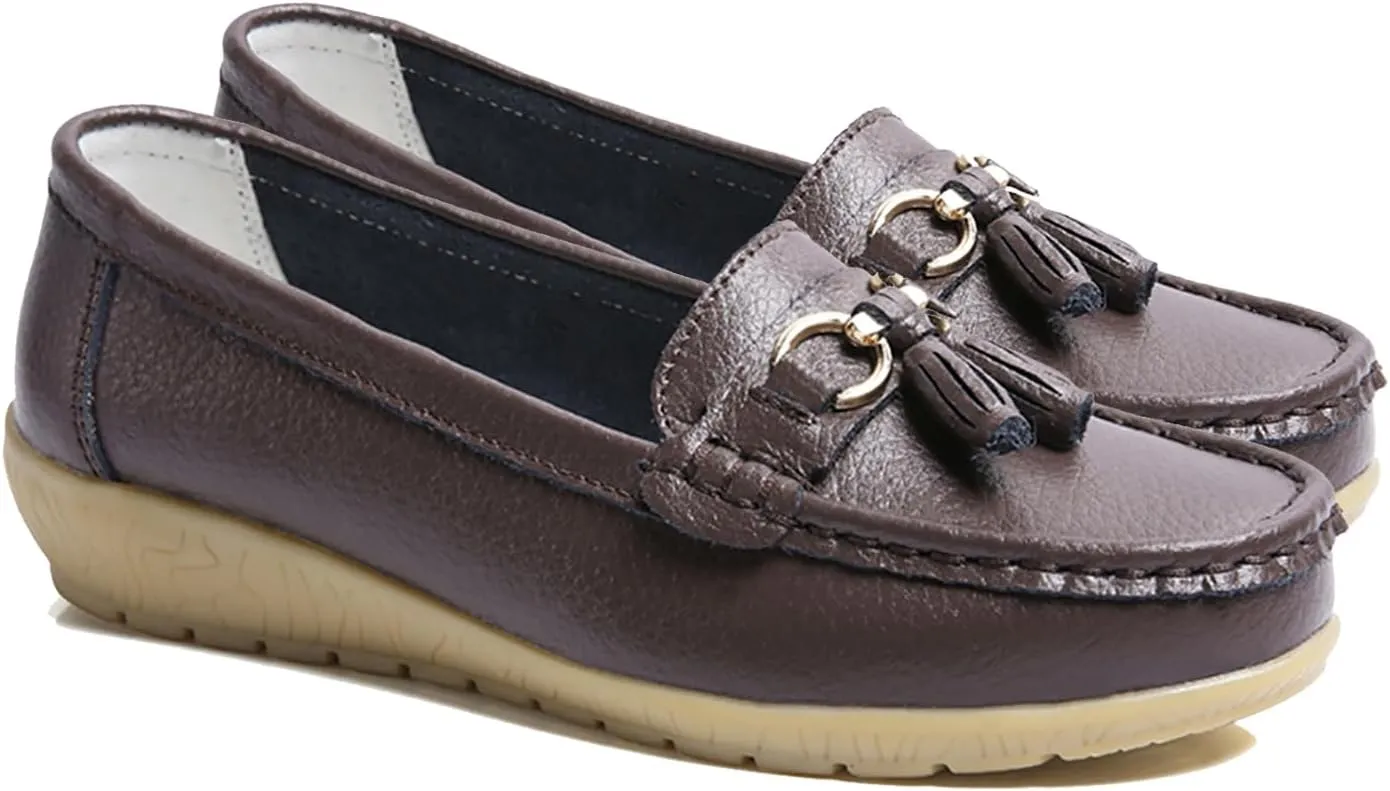 Women's Leather Slip On Tassel Loafers Soft Casual Walking Penny Flats Boat Moccasins Non-Slip Outdoor Comfortable Office Fashion Lightweight Breathable Driving Shoes for Women