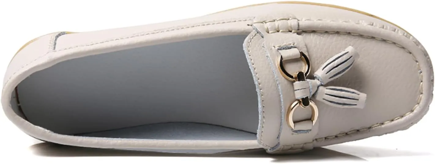 Women's Leather Slip On Tassel Loafers Soft Casual Walking Penny Flats Boat Moccasins Non-Slip Outdoor Comfortable Office Fashion Lightweight Breathable Driving Shoes for Women
