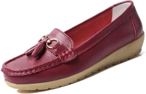 Women's Leather Slip On Tassel Loafers Soft Casual Walking Penny Flats Boat Moccasins Non-Slip Outdoor Comfortable Office Fashion Lightweight Breathable Driving Shoes for Women