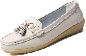Women's Leather Slip On Tassel Loafers Soft Casual Walking Penny Flats Boat Moccasins Non-Slip Outdoor Comfortable Office Fashion Lightweight Breathable Driving Shoes for Women