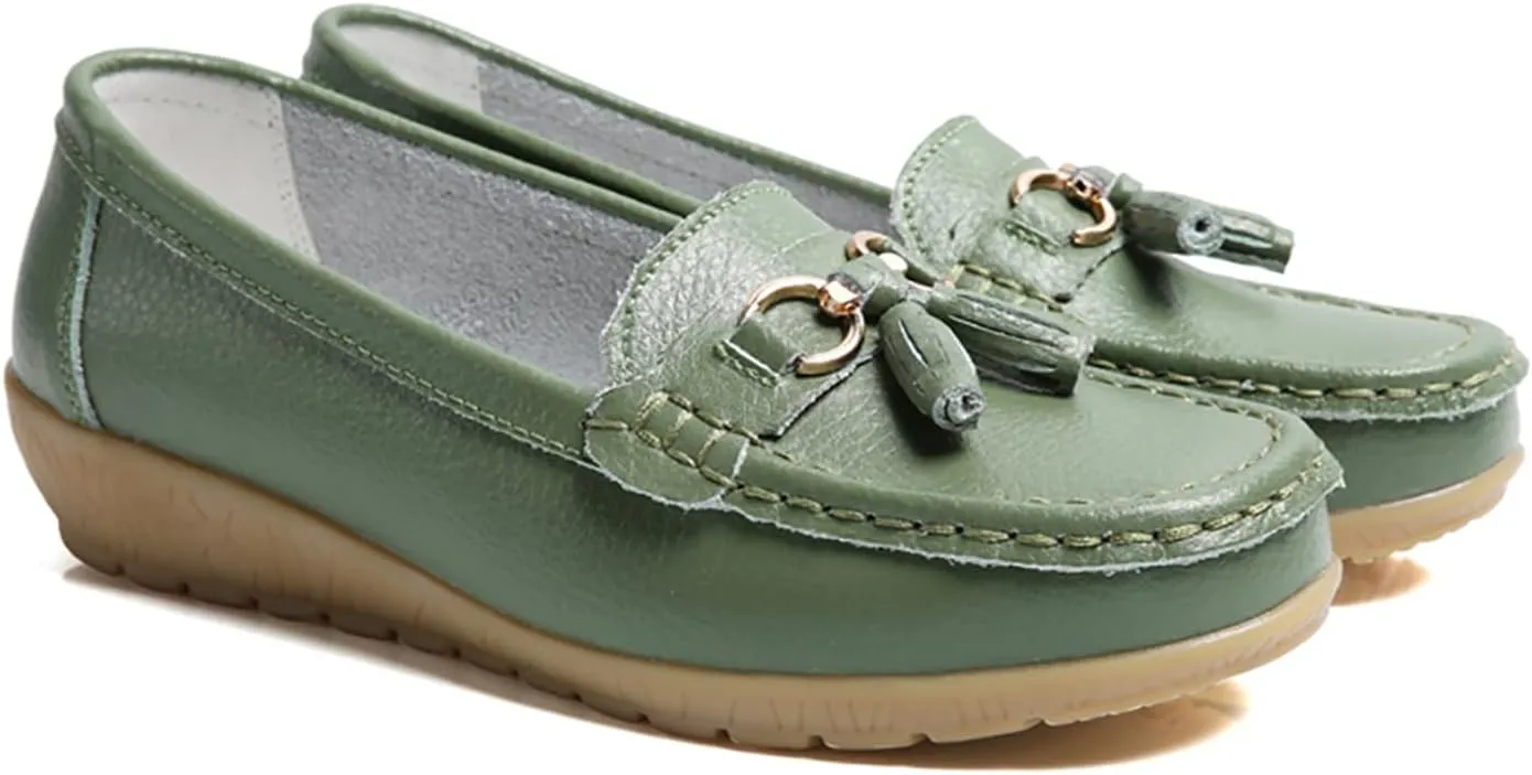 Women's Leather Slip On Tassel Loafers Soft Casual Walking Penny Flats Boat Moccasins Non-Slip Outdoor Comfortable Office Fashion Lightweight Breathable Driving Shoes for Women