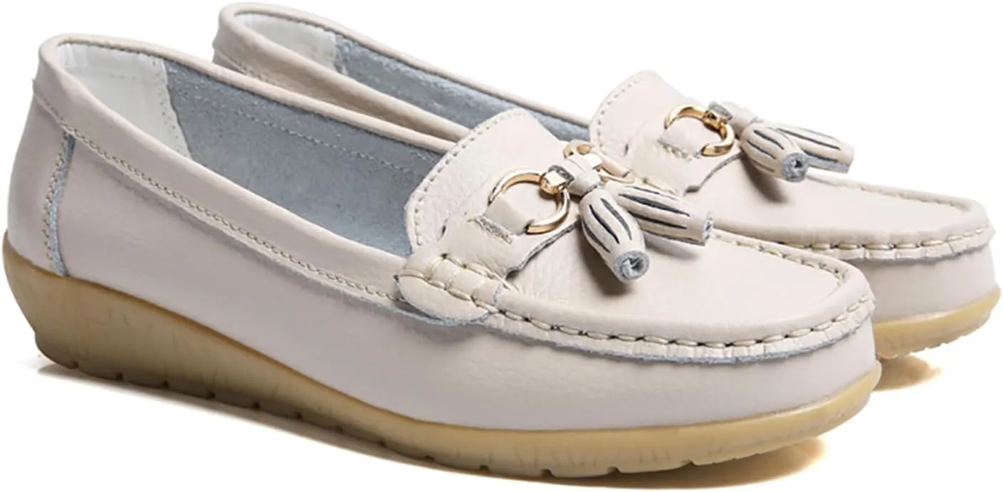 Women's Leather Slip On Tassel Loafers Soft Casual Walking Penny Flats Boat Moccasins Non-Slip Outdoor Comfortable Office Fashion Lightweight Breathable Driving Shoes for Women