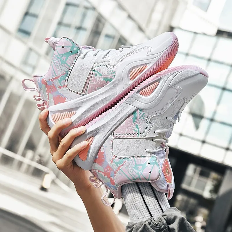 Womens Mens High-Top Basketball Shoes Breathable Lightweight Fashion Graffiti Athletic Sneakers Unisex Non Slip Outdoor Cushioning Training Sport Shoes