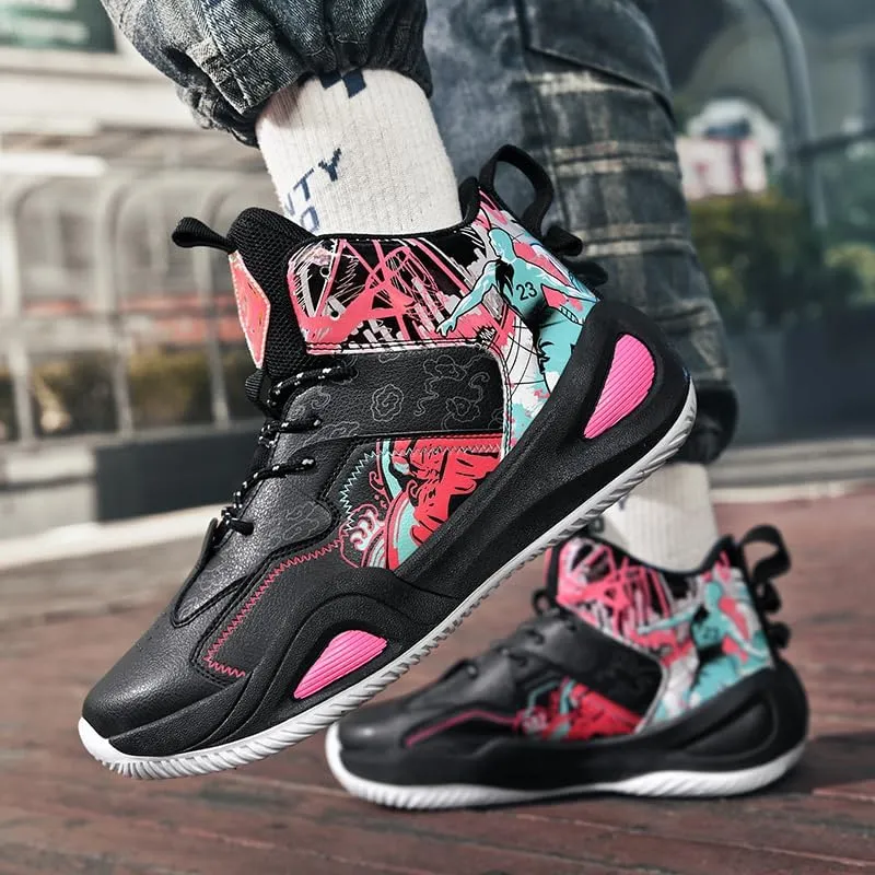 Womens Mens High-Top Basketball Shoes Breathable Lightweight Fashion Graffiti Athletic Sneakers Unisex Non Slip Outdoor Cushioning Training Sport Shoes