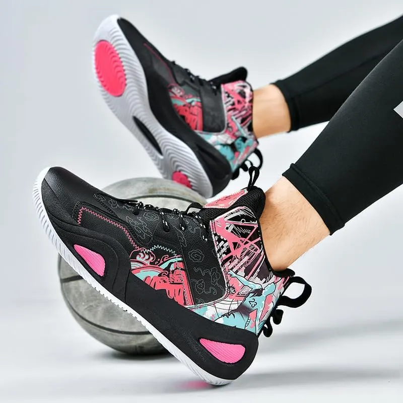Womens Mens High-Top Basketball Shoes Breathable Lightweight Fashion Graffiti Athletic Sneakers Unisex Non Slip Outdoor Cushioning Training Sport Shoes