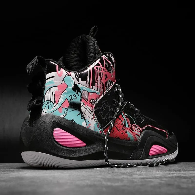 Womens Mens High-Top Basketball Shoes Breathable Lightweight Fashion Graffiti Athletic Sneakers Unisex Non Slip Outdoor Cushioning Training Sport Shoes