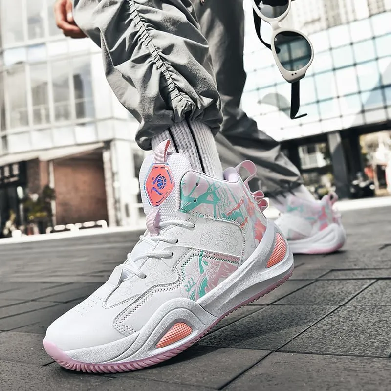 Womens Mens High-Top Basketball Shoes Breathable Lightweight Fashion Graffiti Athletic Sneakers Unisex Non Slip Outdoor Cushioning Training Sport Shoes