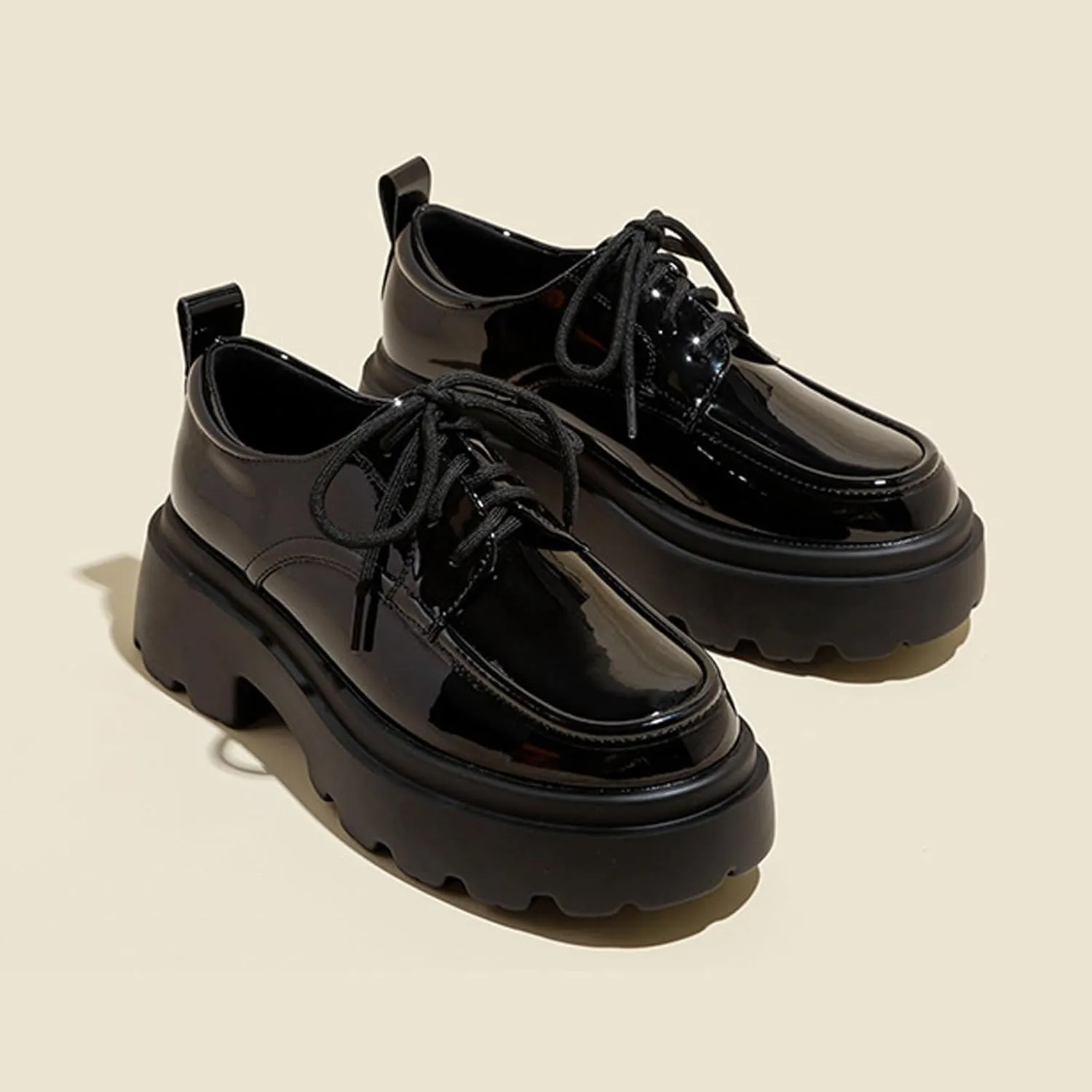 Women's Patent Leather Chunky Platform Oxford Fashion Round Toe Lace-Up Chunky Heels Loafers Casual Business Office Dress Shoes