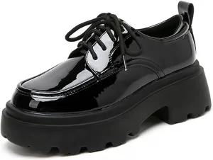 Women's Patent Leather Chunky Platform Oxford Fashion Round Toe Lace-Up Chunky Heels Loafers Casual Business Office Dress Shoes