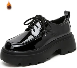 Women's Patent Leather Chunky Platform Oxford Fashion Round Toe Lace-Up Chunky Heels Loafers Casual Business Office Dress Shoes