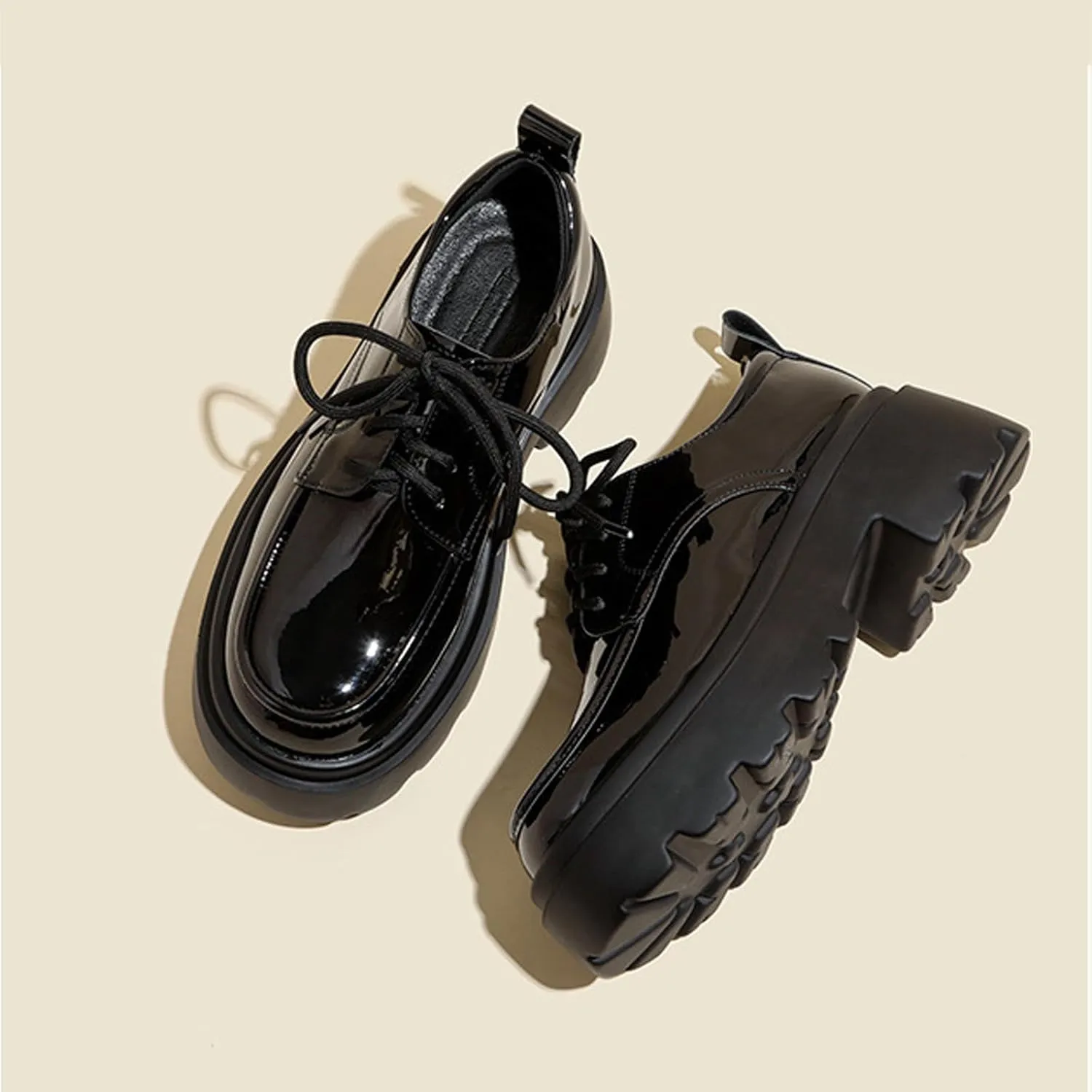 Women's Patent Leather Chunky Platform Oxford Fashion Round Toe Lace-Up Chunky Heels Loafers Casual Business Office Dress Shoes