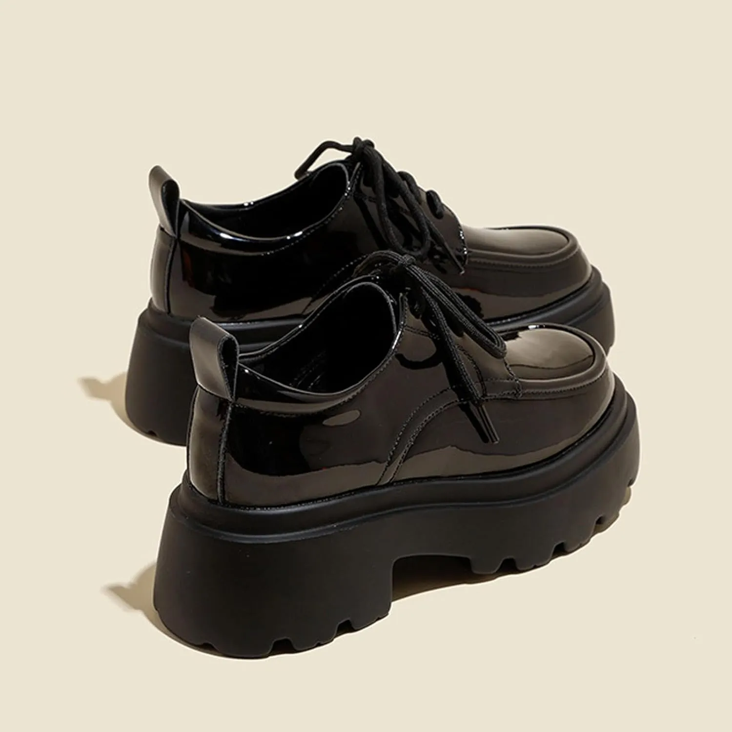 Women's Patent Leather Chunky Platform Oxford Fashion Round Toe Lace-Up Chunky Heels Loafers Casual Business Office Dress Shoes