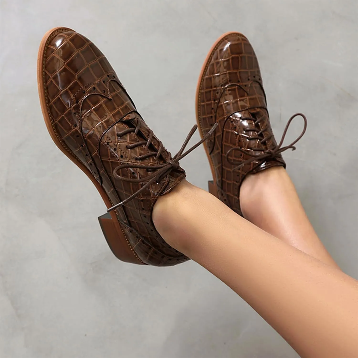 Women's Print Leather Low Heel Brogue Oxford Shoes Fashion Wingtip Comfort Non Slip Lace Up Block Heel Dress Shoes for Business Evening Dating