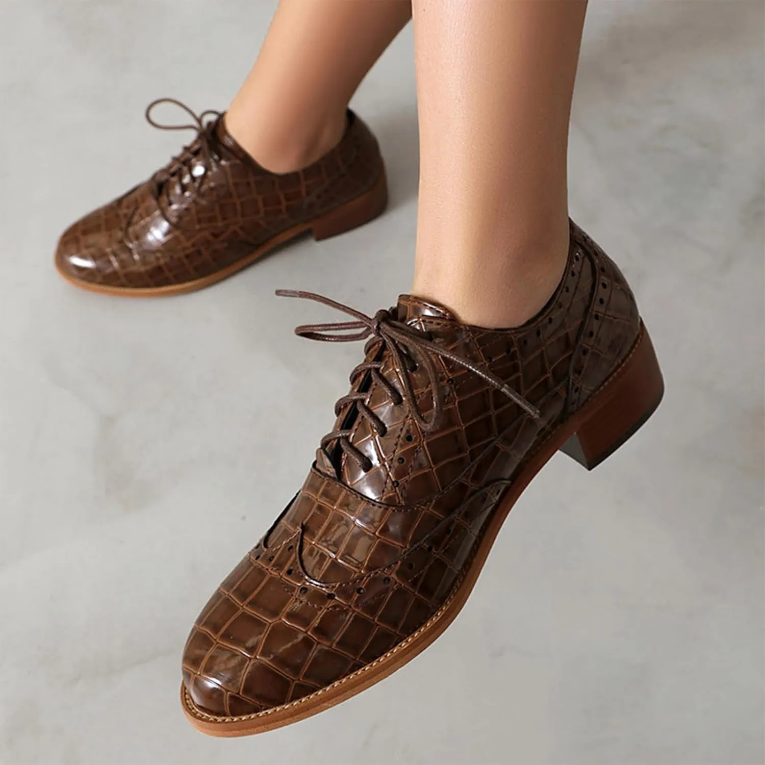 Women's Print Leather Low Heel Brogue Oxford Shoes Fashion Wingtip Comfort Non Slip Lace Up Block Heel Dress Shoes for Business Evening Dating