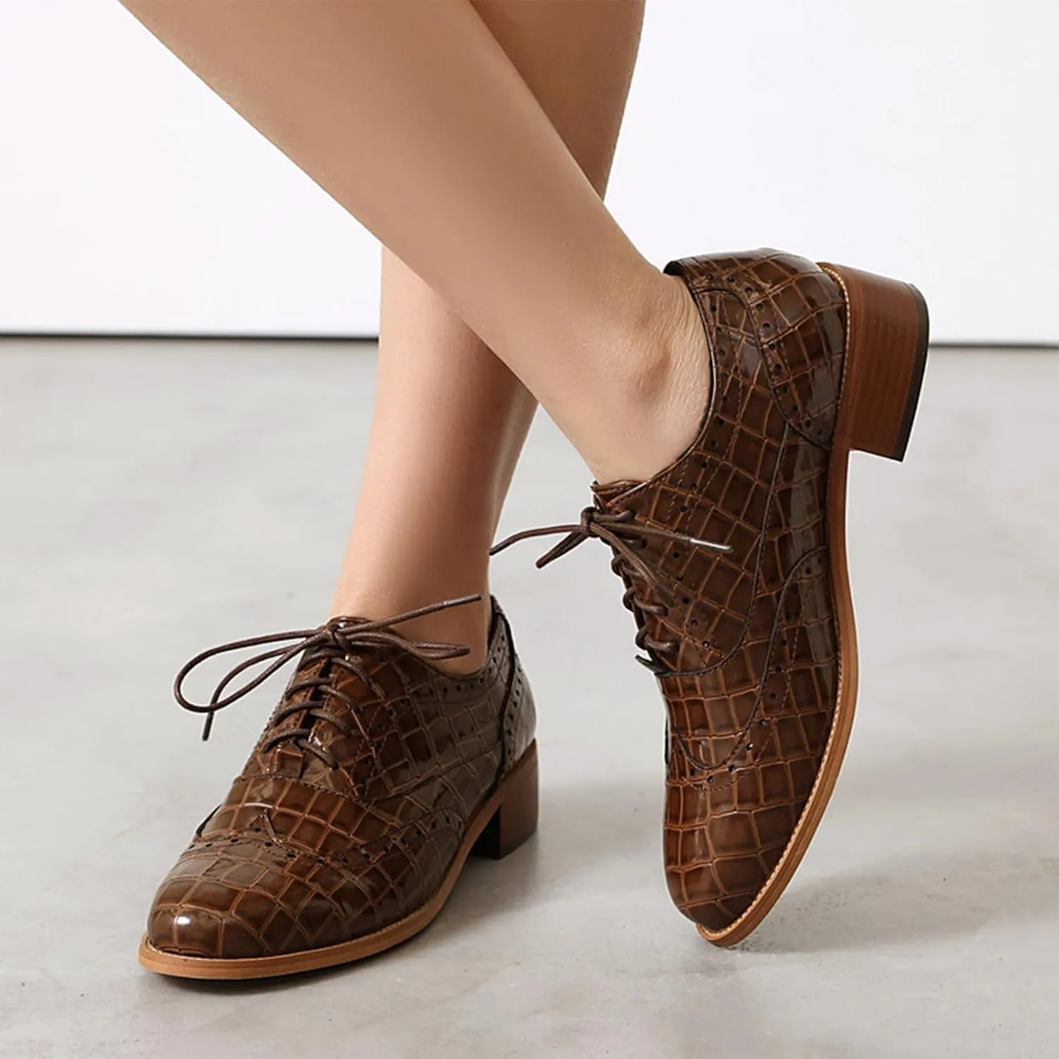 Women's Print Leather Low Heel Brogue Oxford Shoes Fashion Wingtip Comfort Non Slip Lace Up Block Heel Dress Shoes for Business Evening Dating