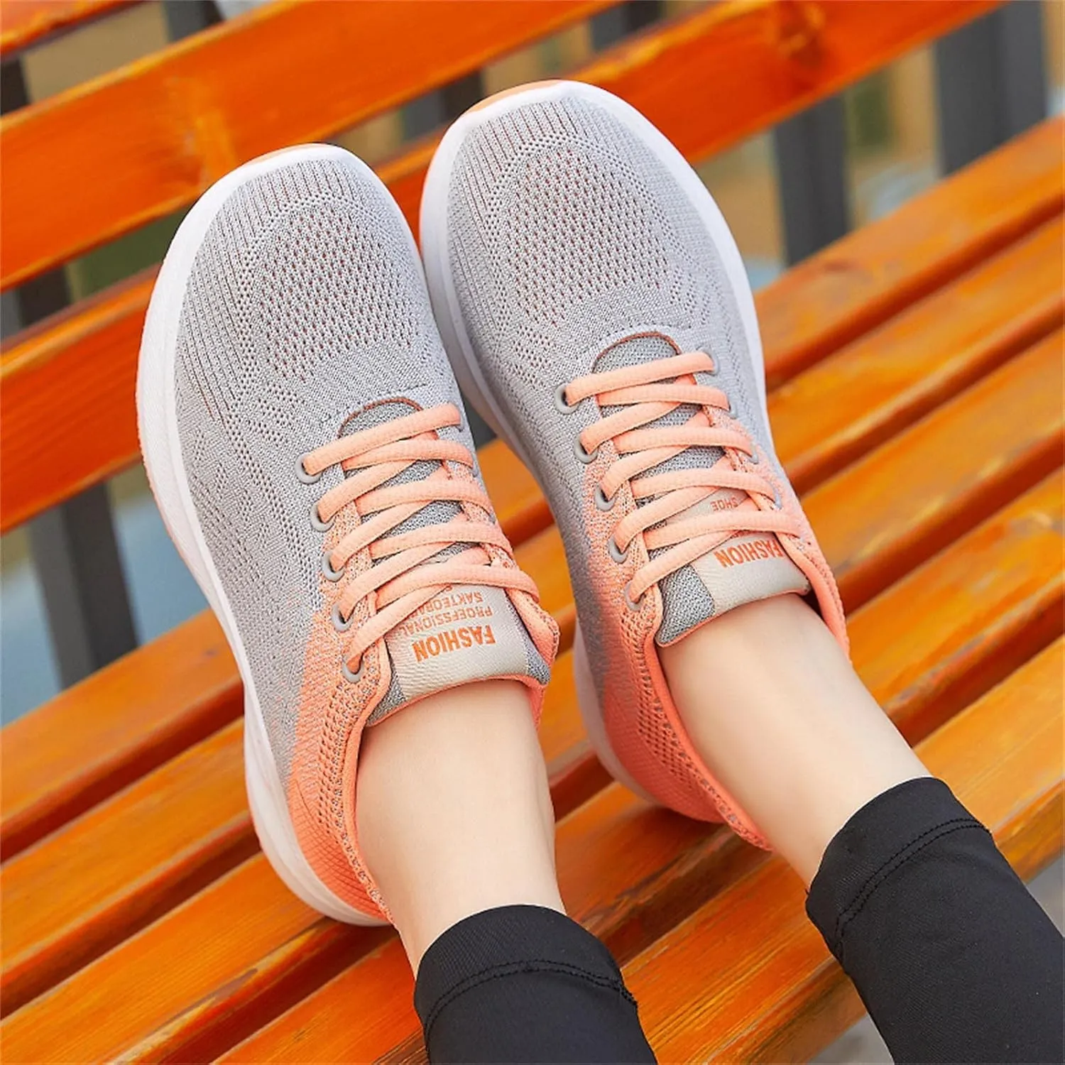 Womens Running Shoes Knit Breathable Fashion Sneakers Lace Up Platform Walking Casual Trainers Comfortable Sneaker Non-Slip Colorblock Fitness Shoes for Flat Feet