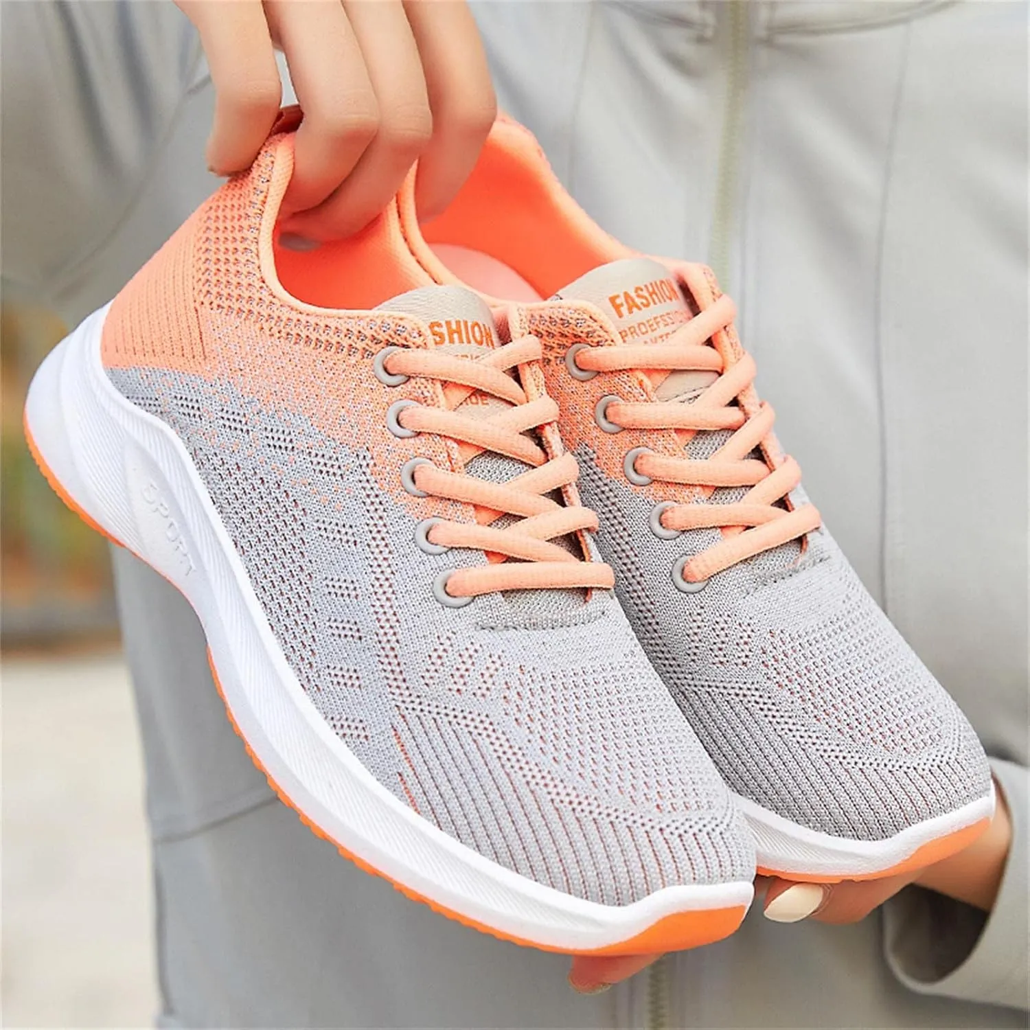 Womens Running Shoes Knit Breathable Fashion Sneakers Lace Up Platform Walking Casual Trainers Comfortable Sneaker Non-Slip Colorblock Fitness Shoes for Flat Feet
