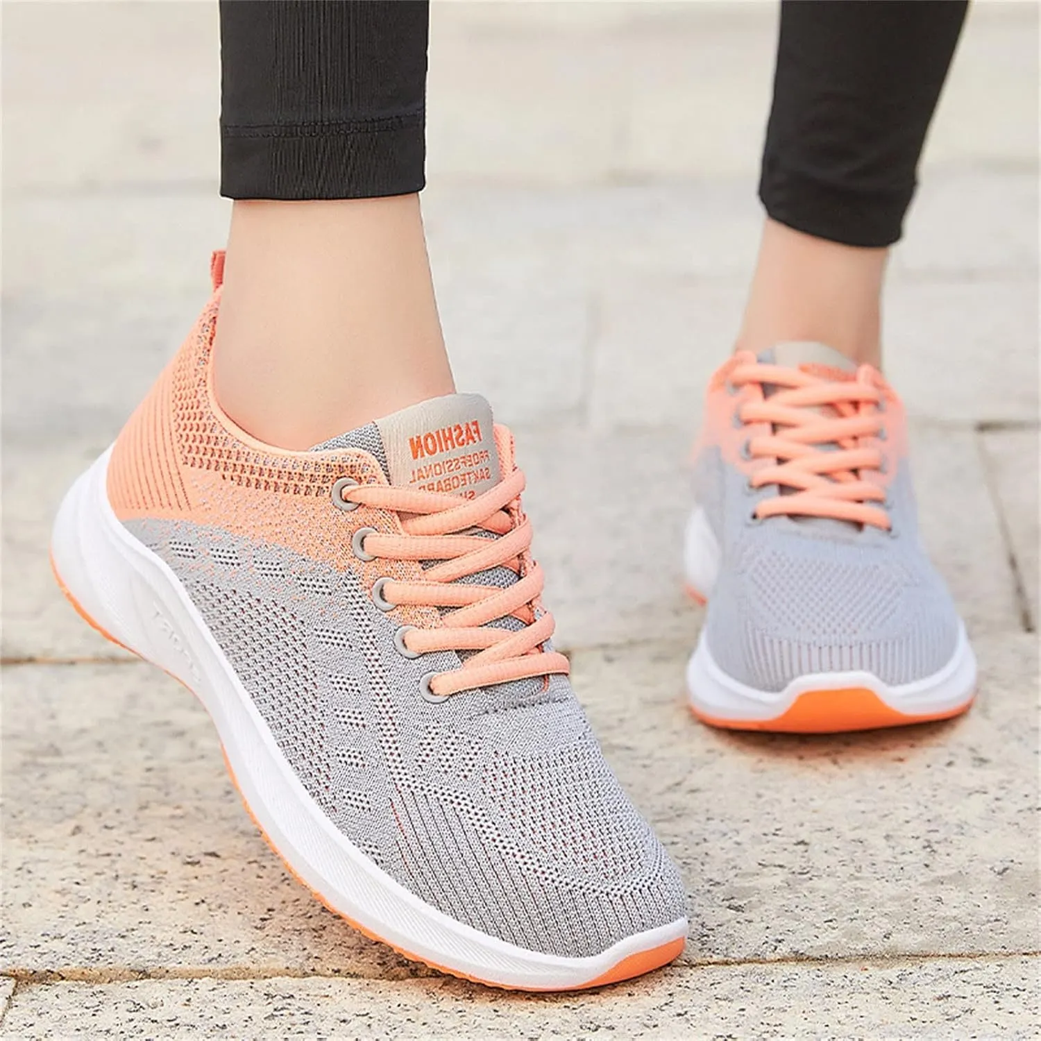 Womens Running Shoes Knit Breathable Fashion Sneakers Lace Up Platform Walking Casual Trainers Comfortable Sneaker Non-Slip Colorblock Fitness Shoes for Flat Feet