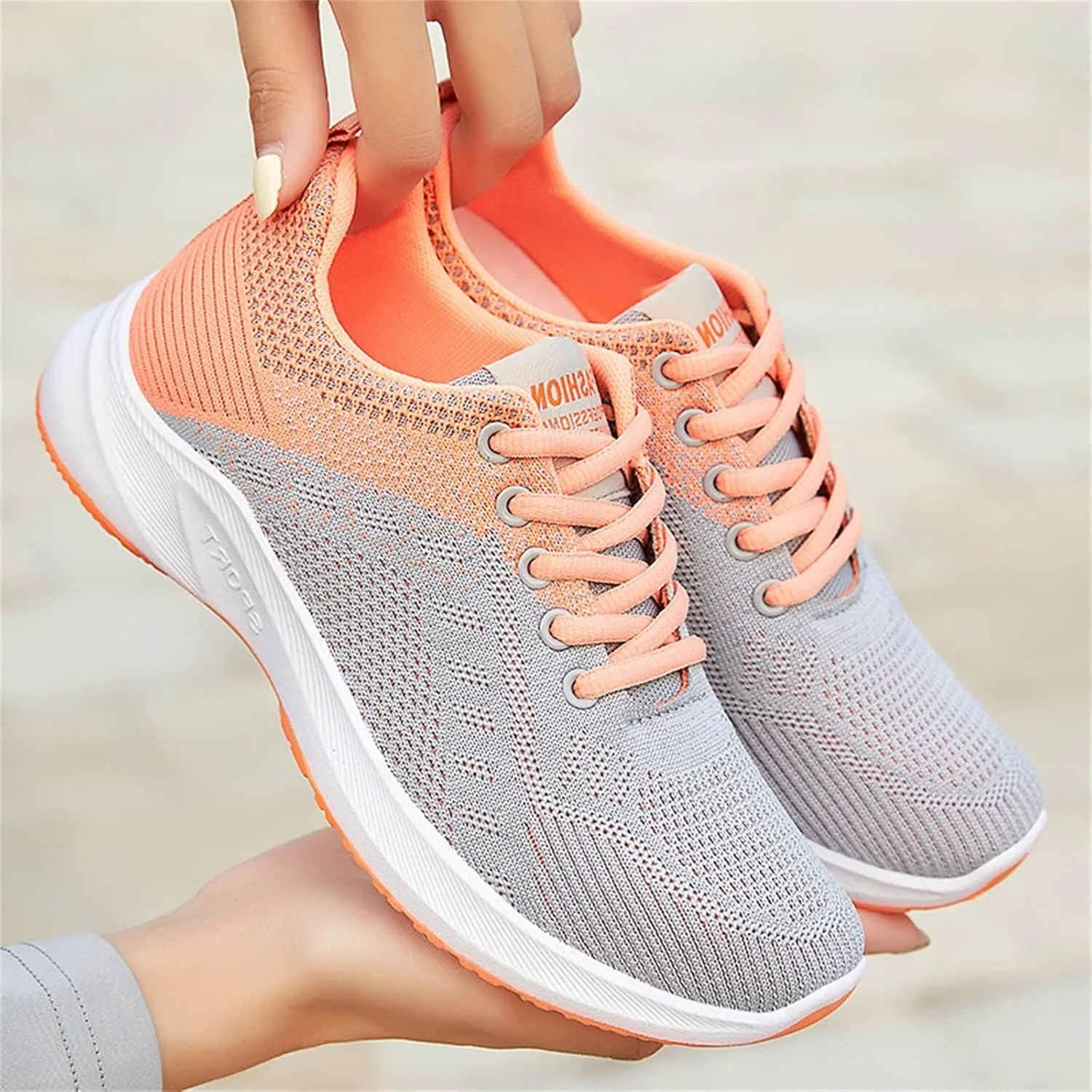 Womens Running Shoes Knit Breathable Fashion Sneakers Lace Up Platform Walking Casual Trainers Comfortable Sneaker Non-Slip Colorblock Fitness Shoes for Flat Feet