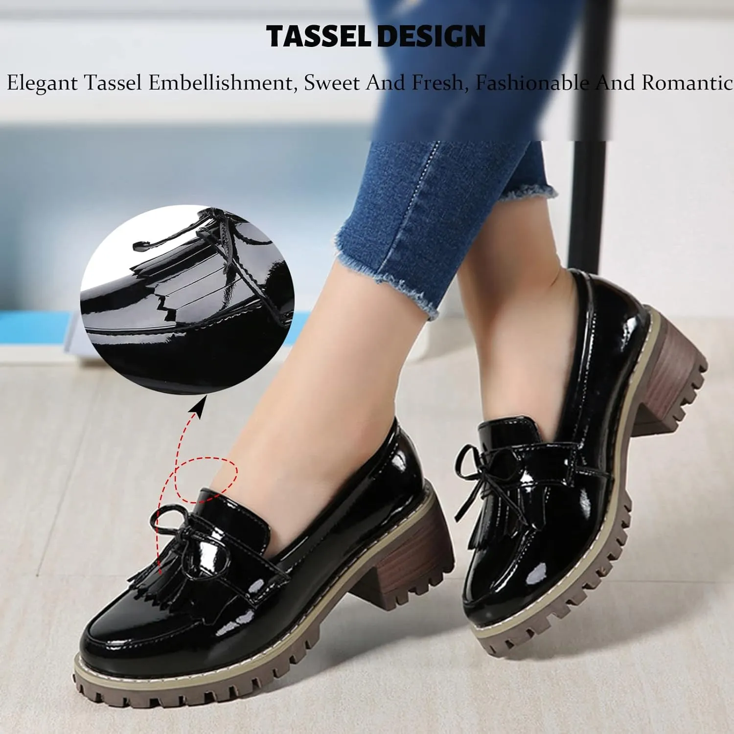 Women's Smooth Tassel Loafers,Slip-On Non-Slip Wedge Heel Platform Oxford Shoes