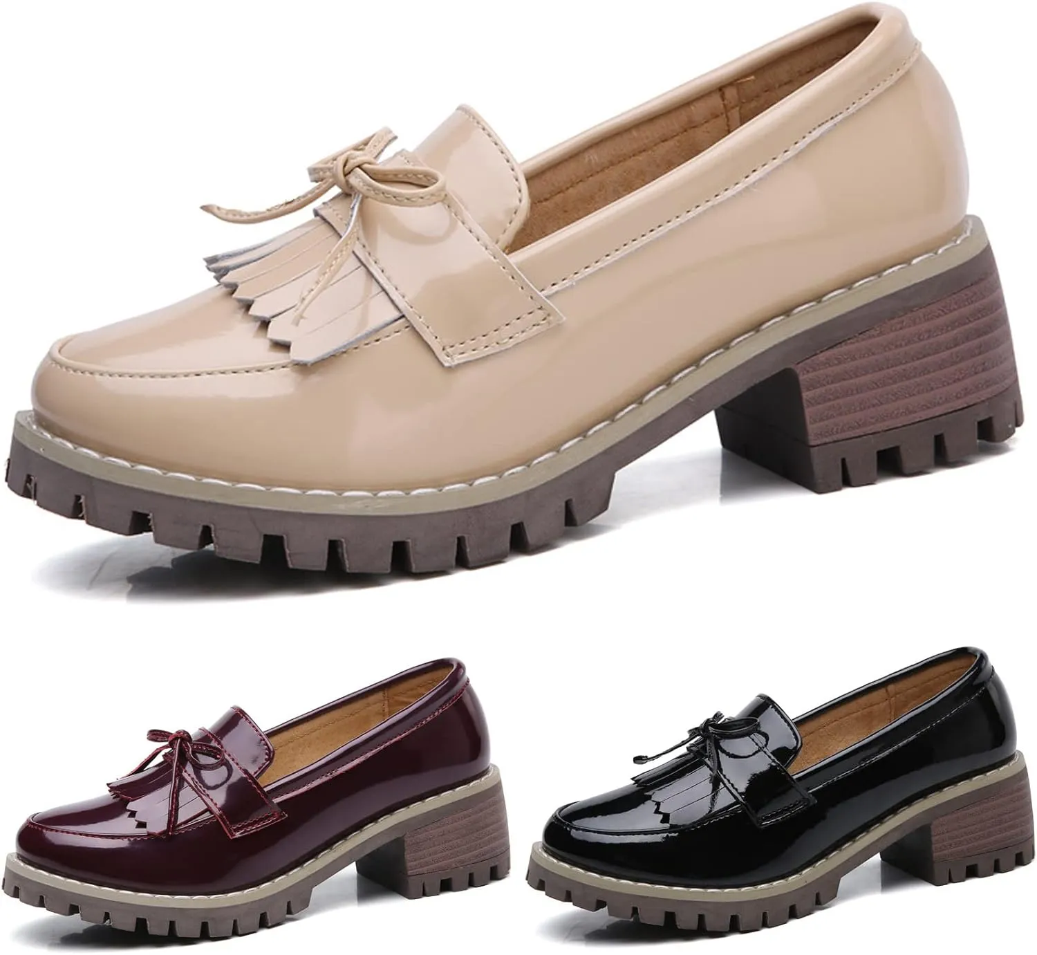 Women's Smooth Tassel Loafers,Slip-On Non-Slip Wedge Heel Platform Oxford Shoes