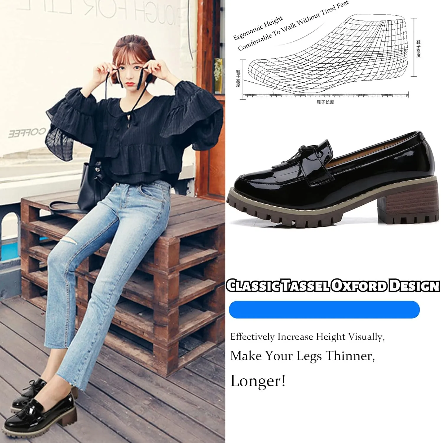 Women's Smooth Tassel Loafers,Slip-On Non-Slip Wedge Heel Platform Oxford Shoes
